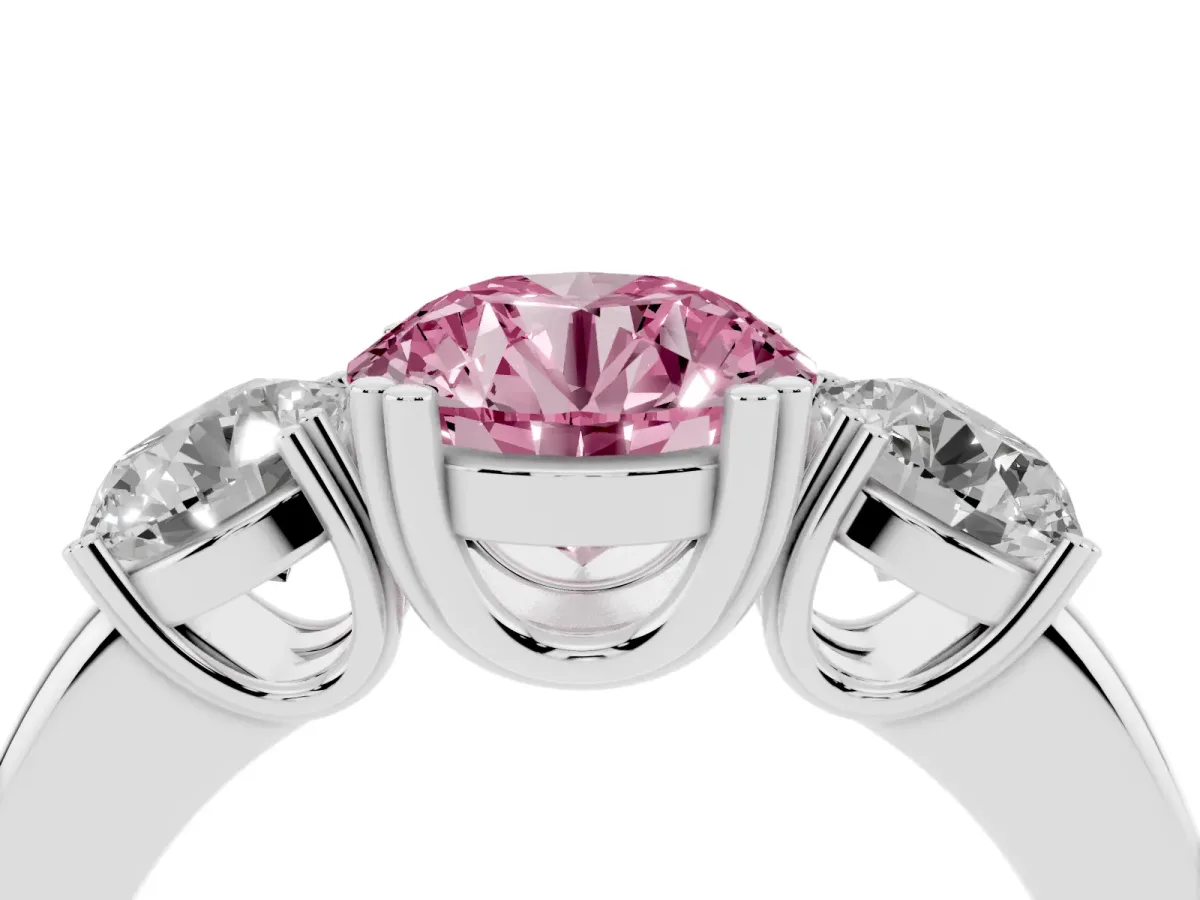 Fancy Pink Three-Stone Round Cut Cut Diamond Ring with Channel Set Band and Four-Prong Setting White gold