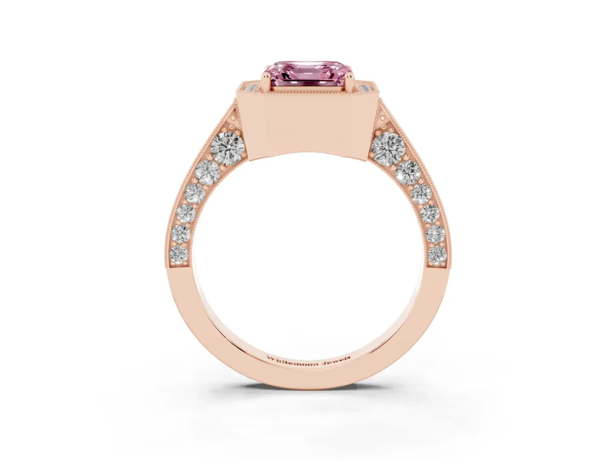 Fancy Pink Asscher Cut Halo Diamond Engagement Ring with Split Shank Band and Four-Prong Setting Rose gold