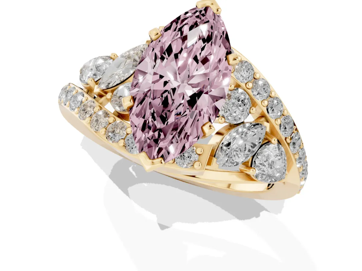 Fancy Pink Marquise Cut Diamond Halo Ring with Marquise and Pavé Band in Prong Setting Yellow gold