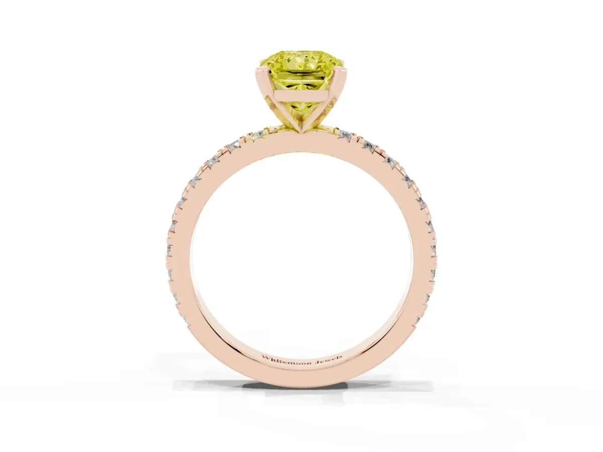 Fancy Yellow Radiant Cut Diamond Pavé Band Solitaire with Four-Prong Setting Rose gold