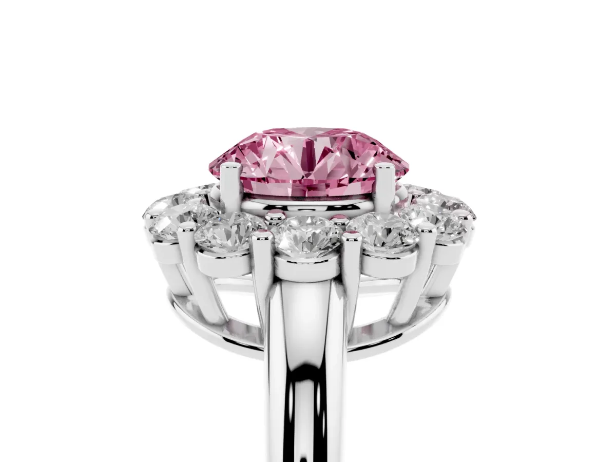 Fancy Pink Round Cut Halo Cluster Diamond Engagement Ring with Prong Setting and Polished Band White gold