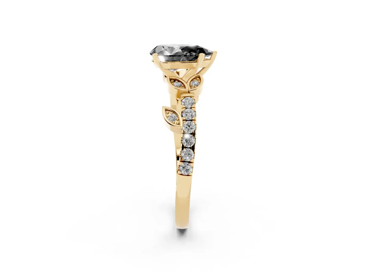 Fancy Black Pear Cut Solitaire Leaf-Inspired Diamond Ring with Pavé Band and Four-Prong Setting Yellow gold