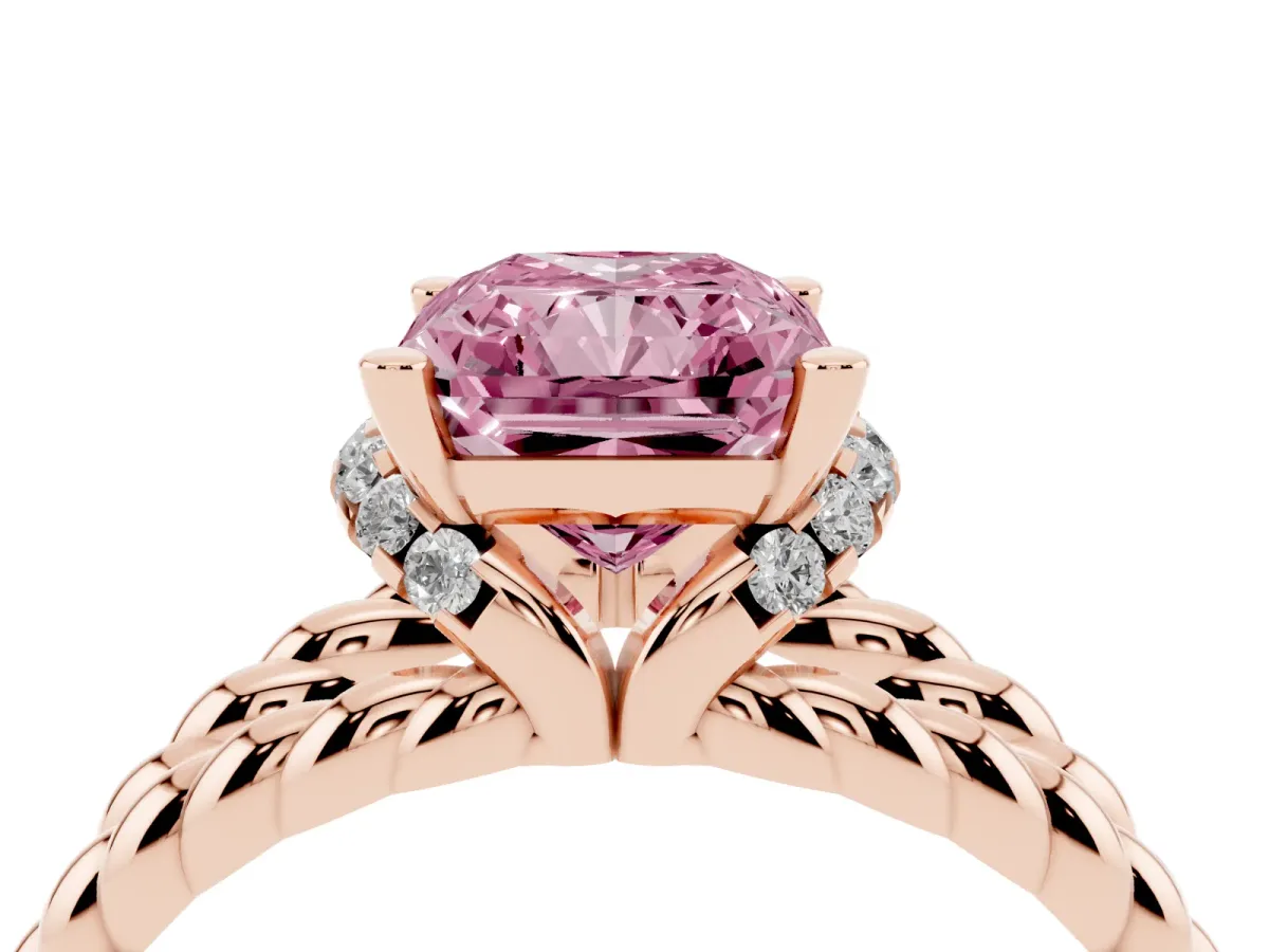 Fancy Pink Radiant Cut Halo Twisted Band Four-Prong Ring Rose gold