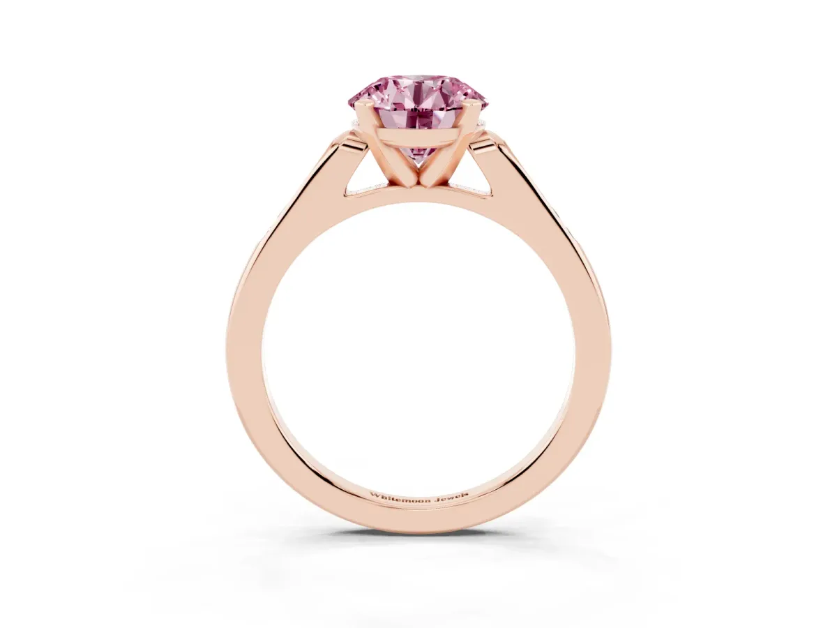Fancy Pink Round Cut Diamond Solitaire Ring with Channel Set Round Band and Prong Setting Rose gold