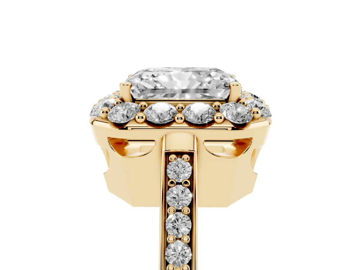 Radiant Cut Diamond Floral Halo Ring with Pavé Band and Prong Setting Yellow gold