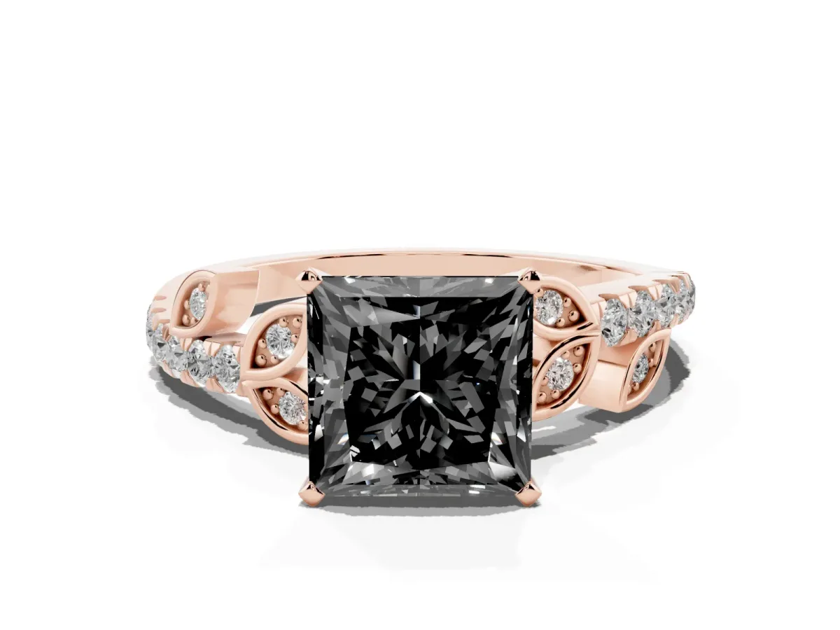 Fancy Black Princess Cut Solitaire Leaf-Inspired Diamond Ring with Pavé Band and Four-Prong Setting Rose gold