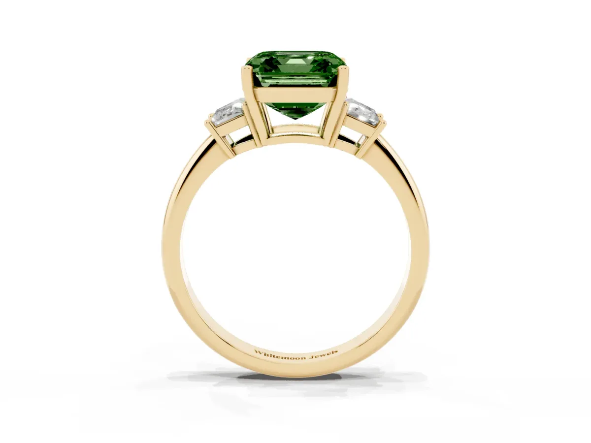 Fancy Green Asscher Cut Diamond Three-Stone Ring with Trapezoid Side Stones and Prong Setting Yellow gold