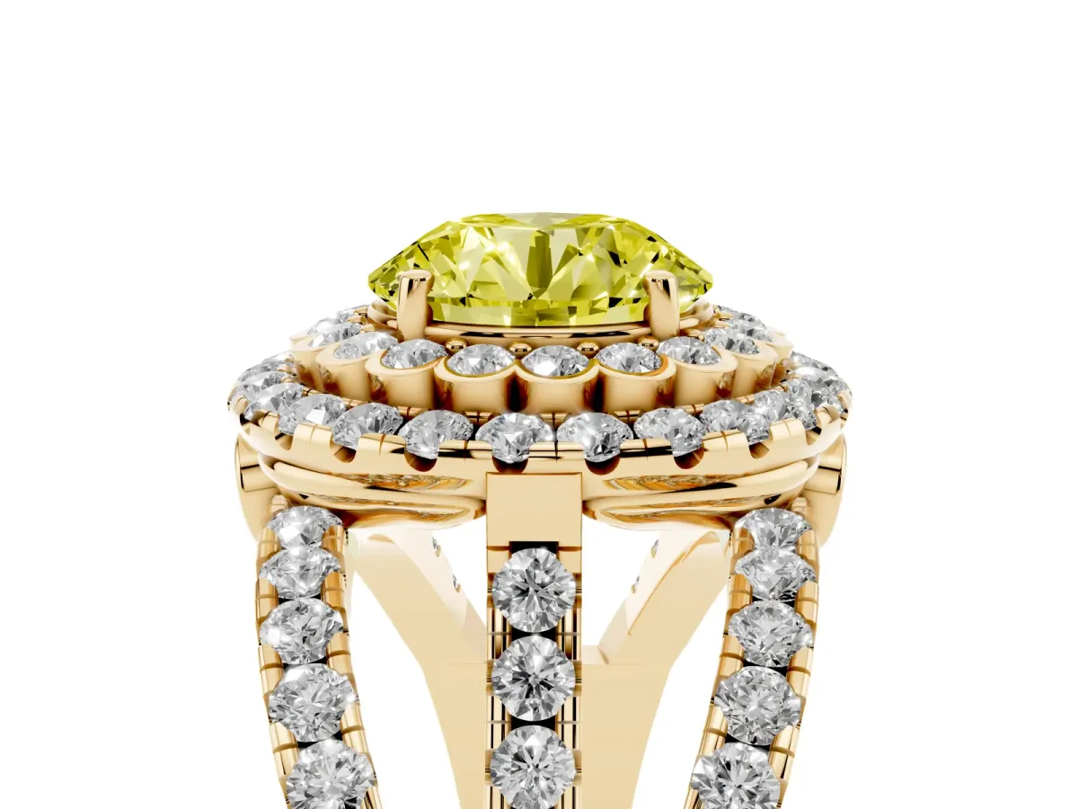 Fancy Yellow Round Cut Diamond Double Halo Ring with Round Pavé Split Shank and Prong Setting Yellow gold
