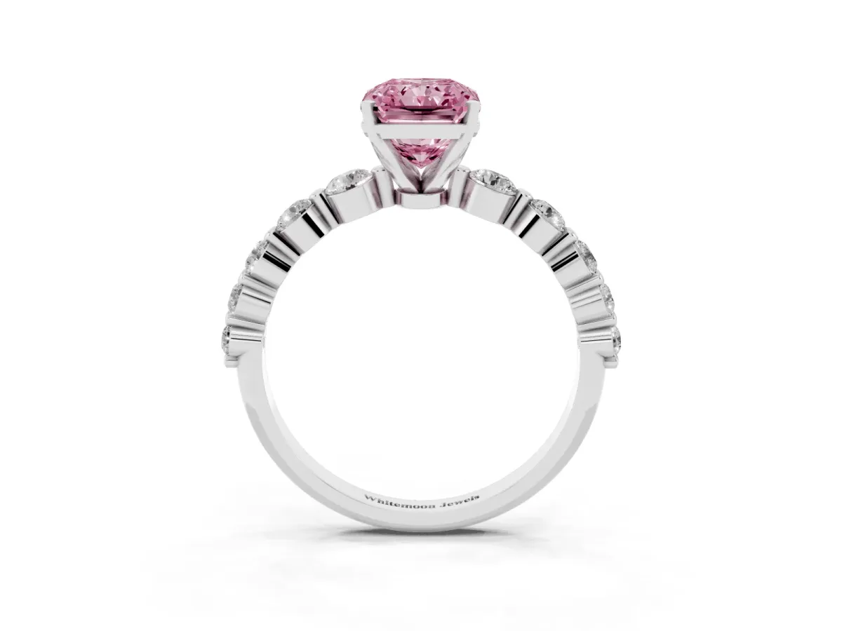 Fancy Pink Radiant Cut Solitaire Diamond Ring with Pave Band and Four-Prong Setting Silver