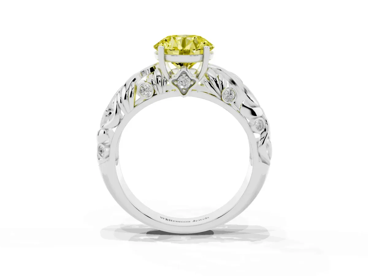 Fancy Yellow Round Cut Solitaire Diamond Leaf-Inspired Vine Band Ring with Prong Setting Silver