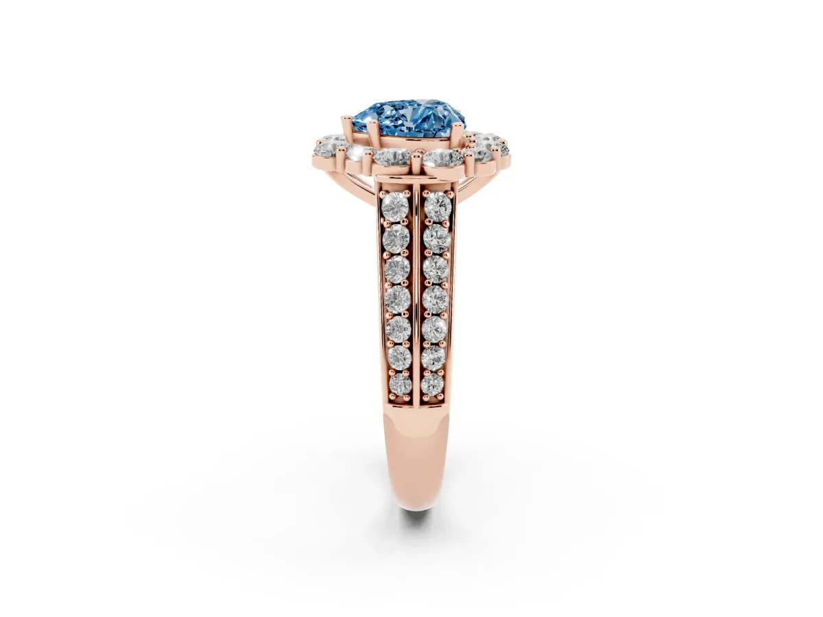 Fancy Blue Heart Cut Halo Diamond Engagement Ring with Split Shank and Prong Setting Rose gold