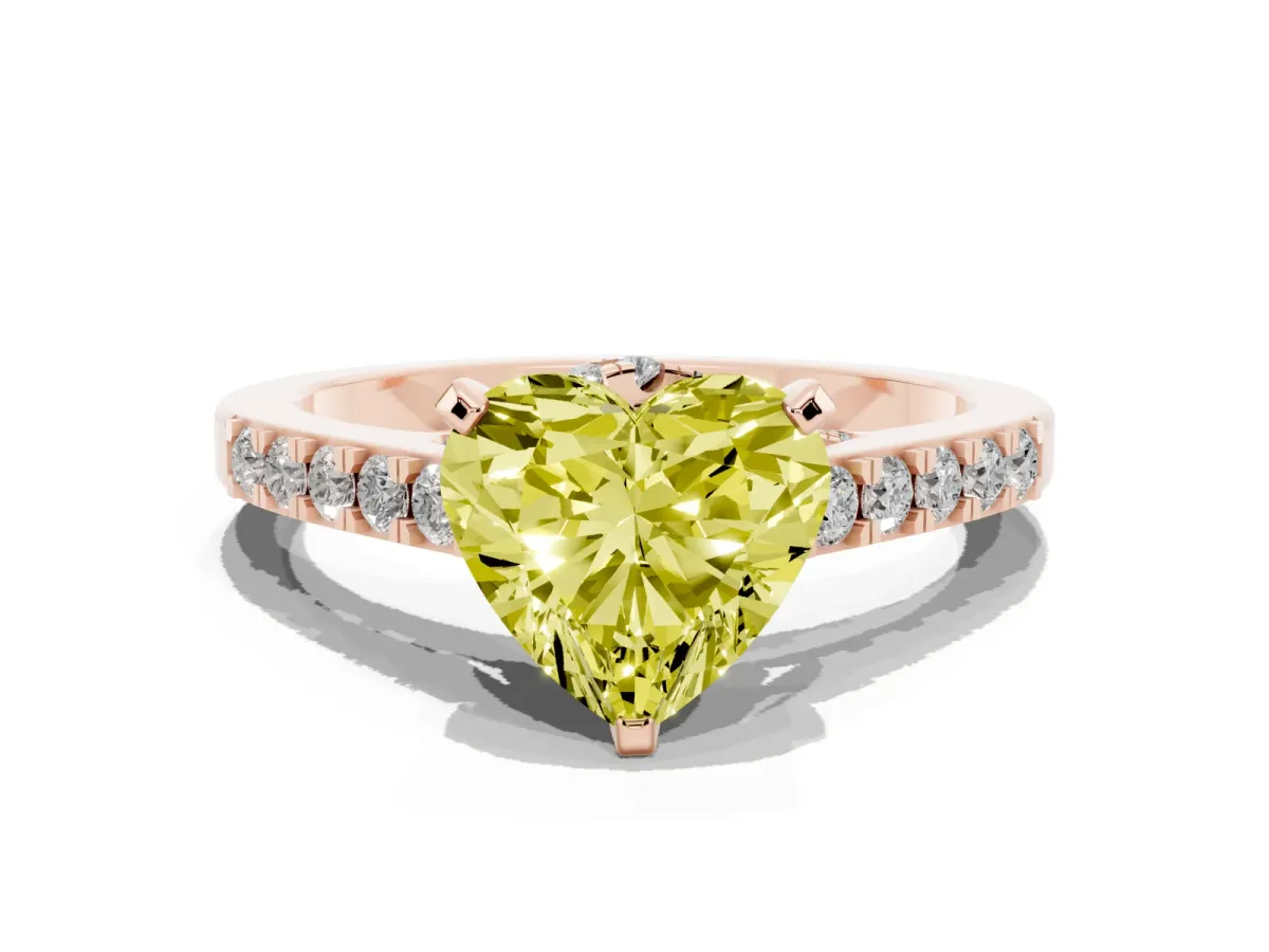 Fancy Yellow Heart Cut Diamond Solitaire Ring with Crossover Gallery and Round Pavé Band Rose gold