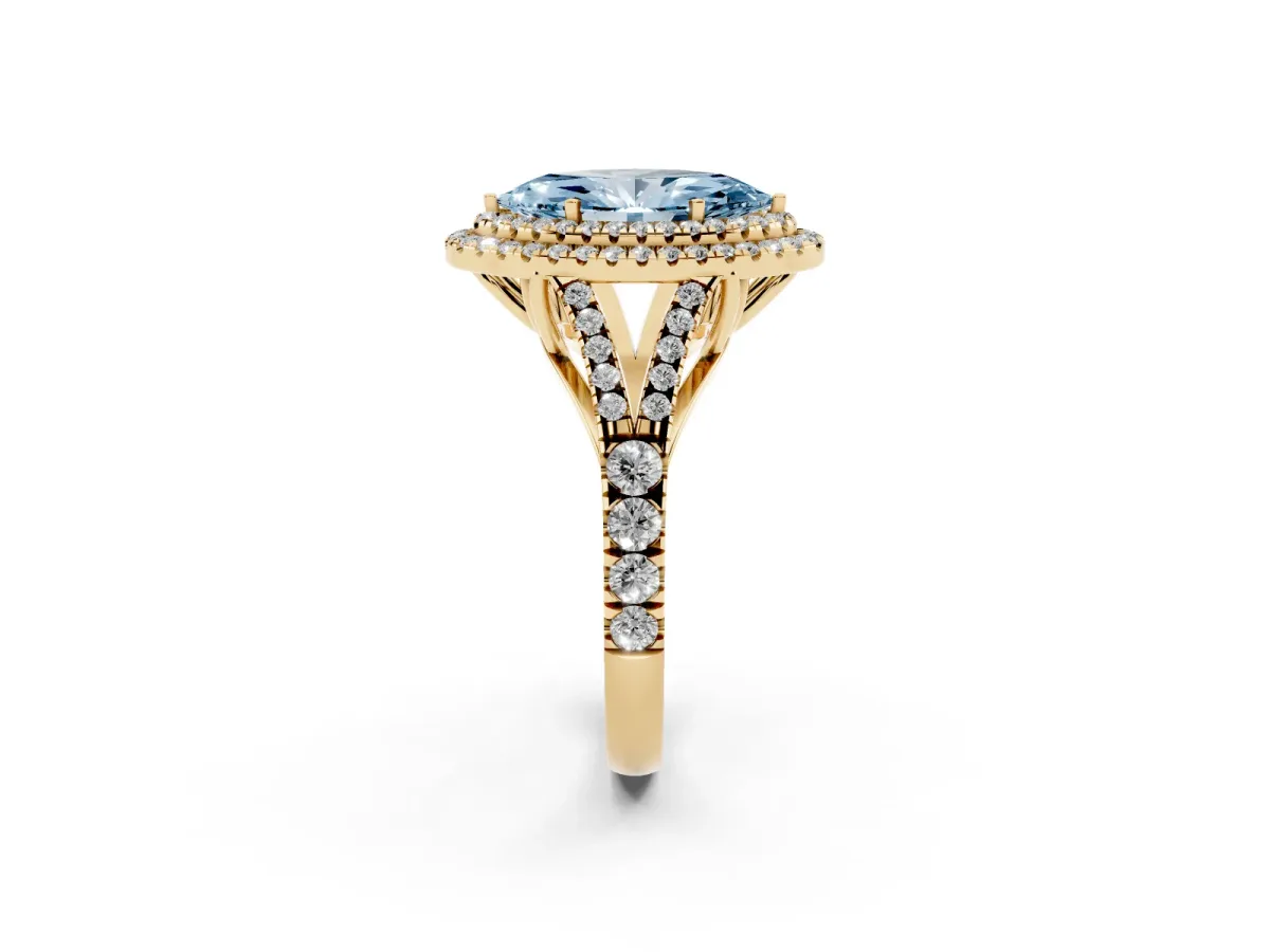 Fancy Blue Double Halo Marquise Cut Diamond Split Shank Engagement Ring with Four-Prong Setting Yellow gold