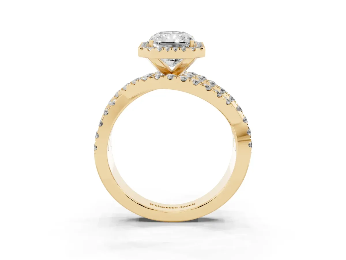 Radiant Cut Diamond Halo Ring with Round Split Shank and Prong Setting Yellow gold