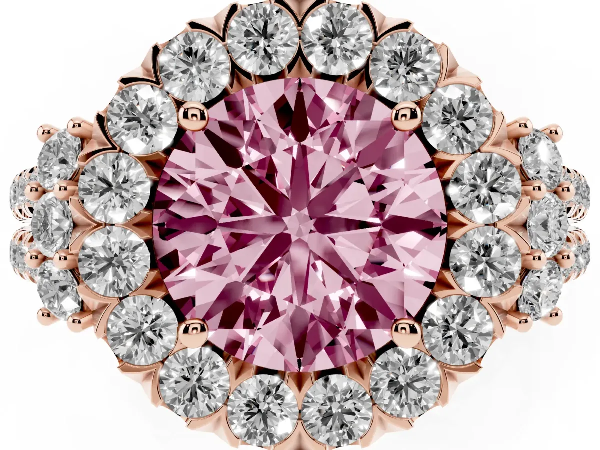 Fancy Pink Round Cut Cut Double Halo Diamond Engagement Ring with Pave Band and Four-Prong Setting Rose gold