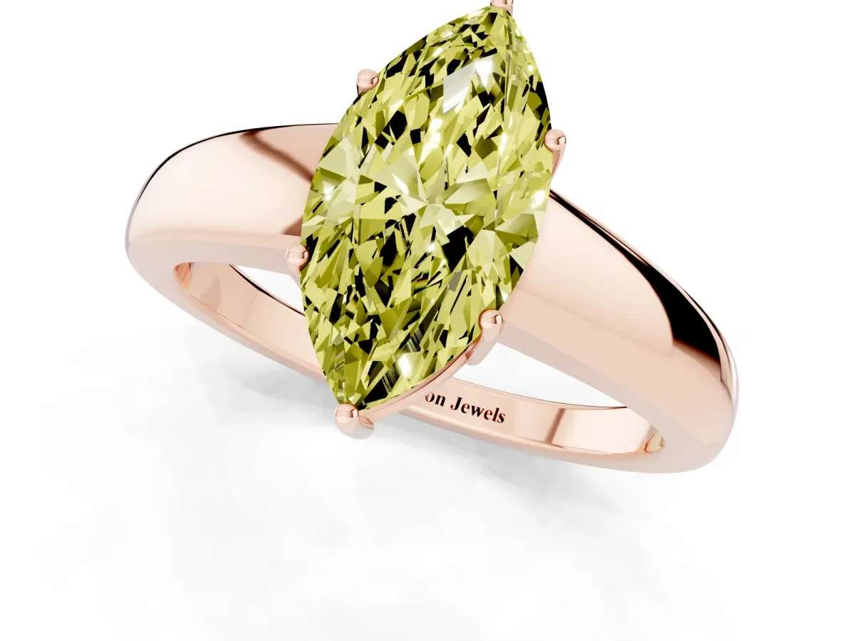Fancy Yellow Marquise Cut Solitaire Diamond Ring with Tapered Band and Four-Prong Setting Rose gold