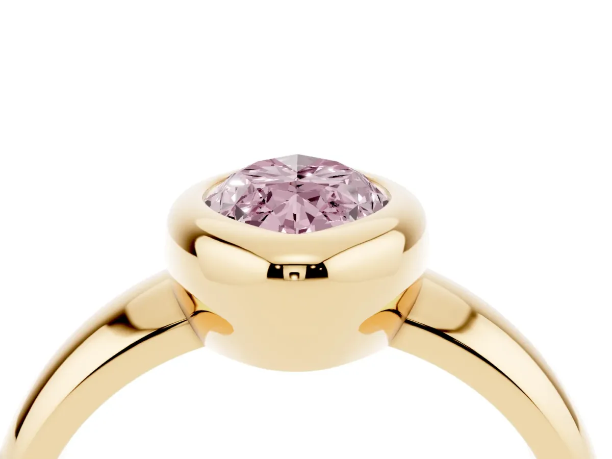 Fancy Pink Bezel Set Marquise Cut Solitaire Ring with Wide Band Yellow gold