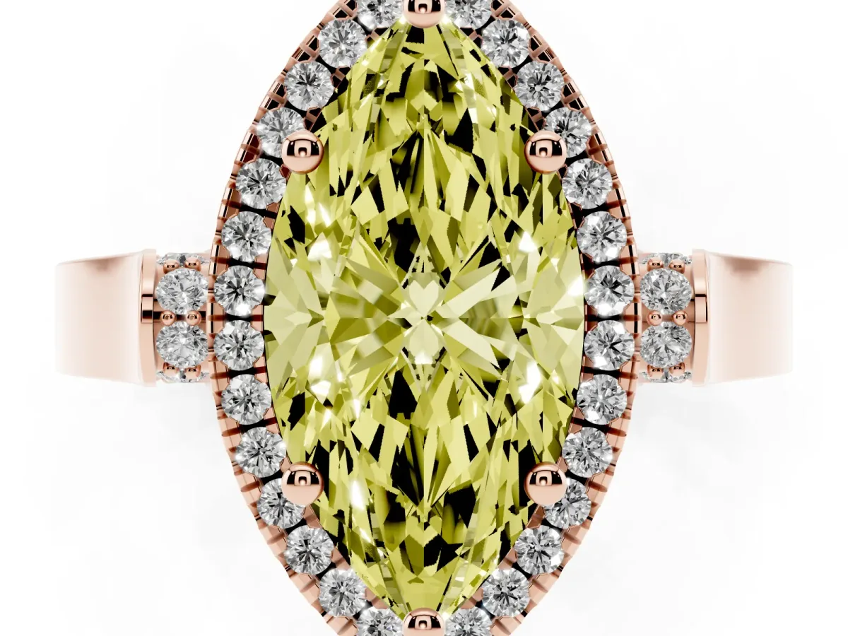 Fancy Yellow Marquise Cut Halo Round Diamond Twist Band with Four-Prong Setting Rose gold
