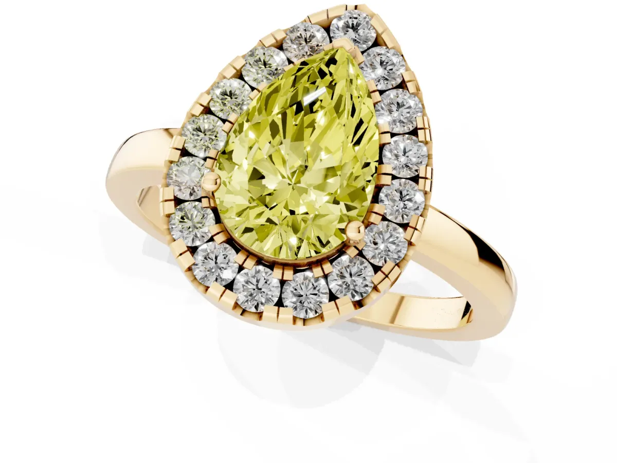 Fancy Yellow Pear Cut Halo Diamond Solitaire with Pavé Band and Four-Prong Setting Yellow gold