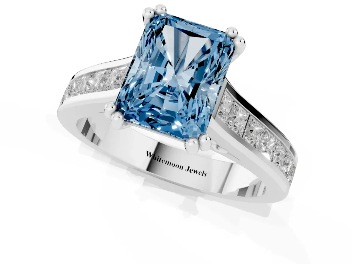 Fancy Blue Radiant Cut Cut Channel Set Solitaire Engagement Ring with Prong Setting Platinum