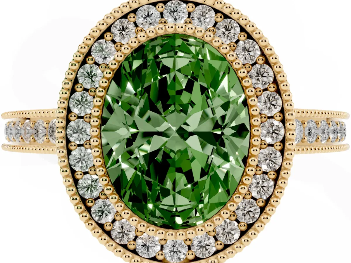 Fancy Green Oval Cut Cut Halo Diamond Ring with Pavé Band and Milgrain Prong Setting Yellow gold