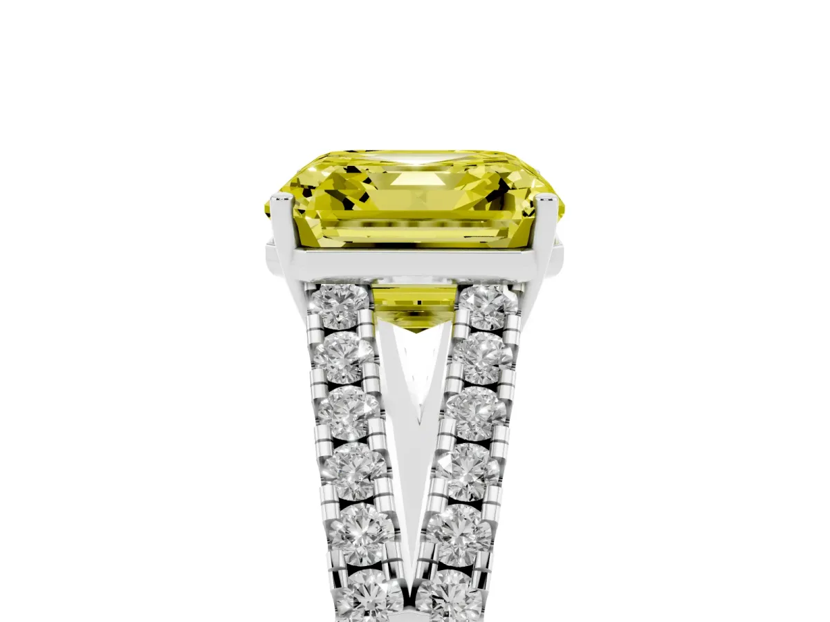 Fancy Yellow Asscher Cut Diamond Split Shank Pavé Engagement Ring with Four-Prong Setting Silver