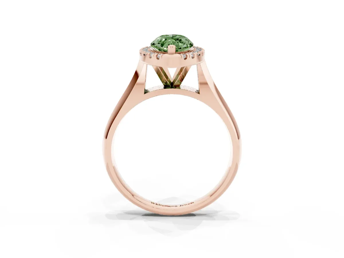 Fancy Green Marquise Cut Cut Halo Solitaire Engagement Ring with Square Band and Four-Prong Setting Rose gold