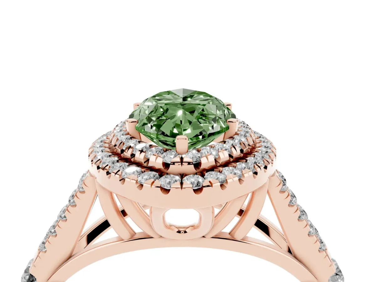 Fancy Green Double Halo Marquise Cut Diamond Split Shank Engagement Ring with Four-Prong Setting Rose gold