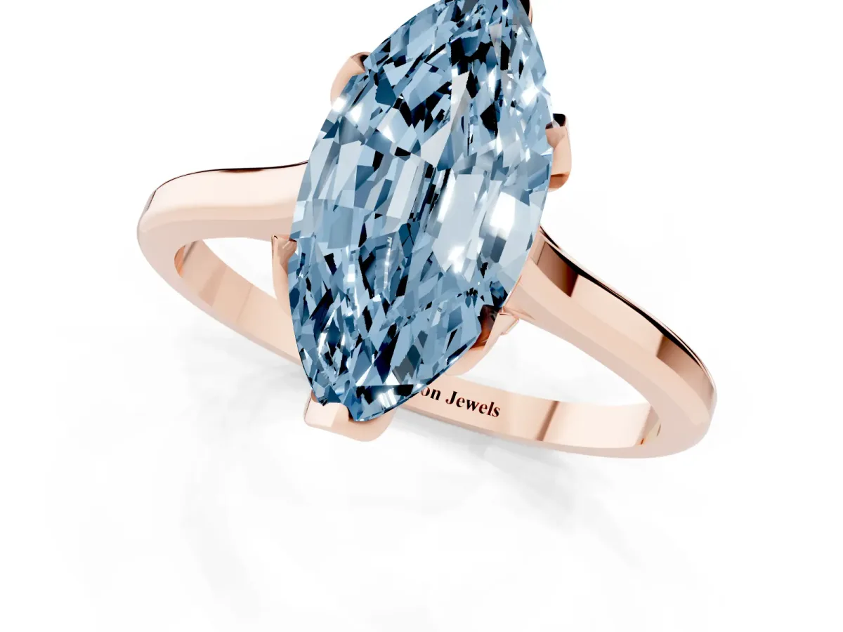 Fancy Blue Marquise Cut Diamond Solitaire Ring with Flower Prong Setting and Classic Band Rose gold