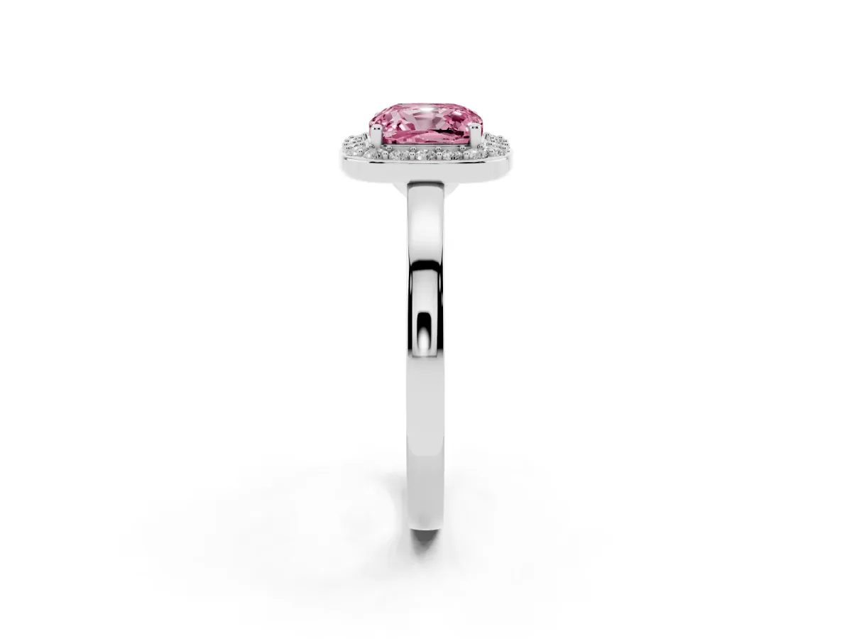 Fancy Pink Cushion Cut Halo Diamond Ring with Solitaire Band and Prong Setting Silver