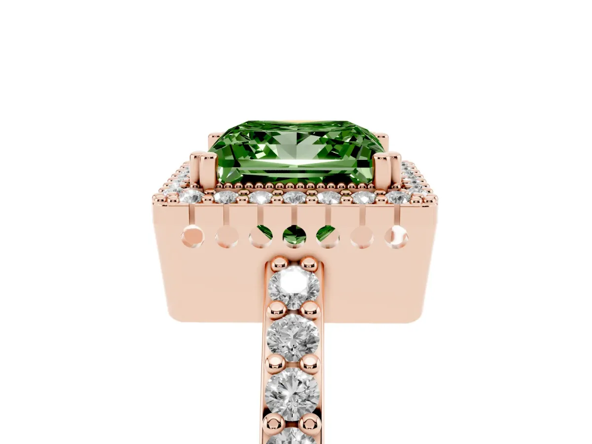 Fancy Green Princess Cut Cut Diamond Halo Engagement Ring with Milgrain Detail and Pavé Band Rose gold
