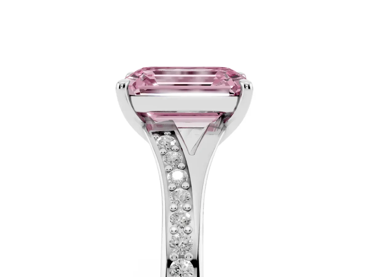 Fancy Pink Emerald Cut Diamond Solitaire Ring with Pavé Band and Prong Setting Silver