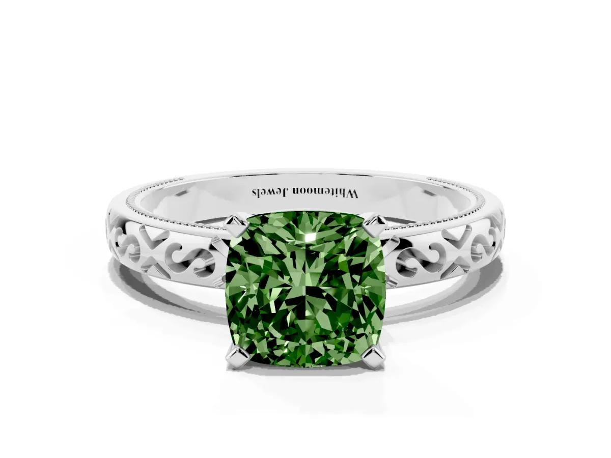 Fancy Green Cushion Cut Solitaire Engagement Ring with Scrollwork Band and Four-Prong Setting Platinum