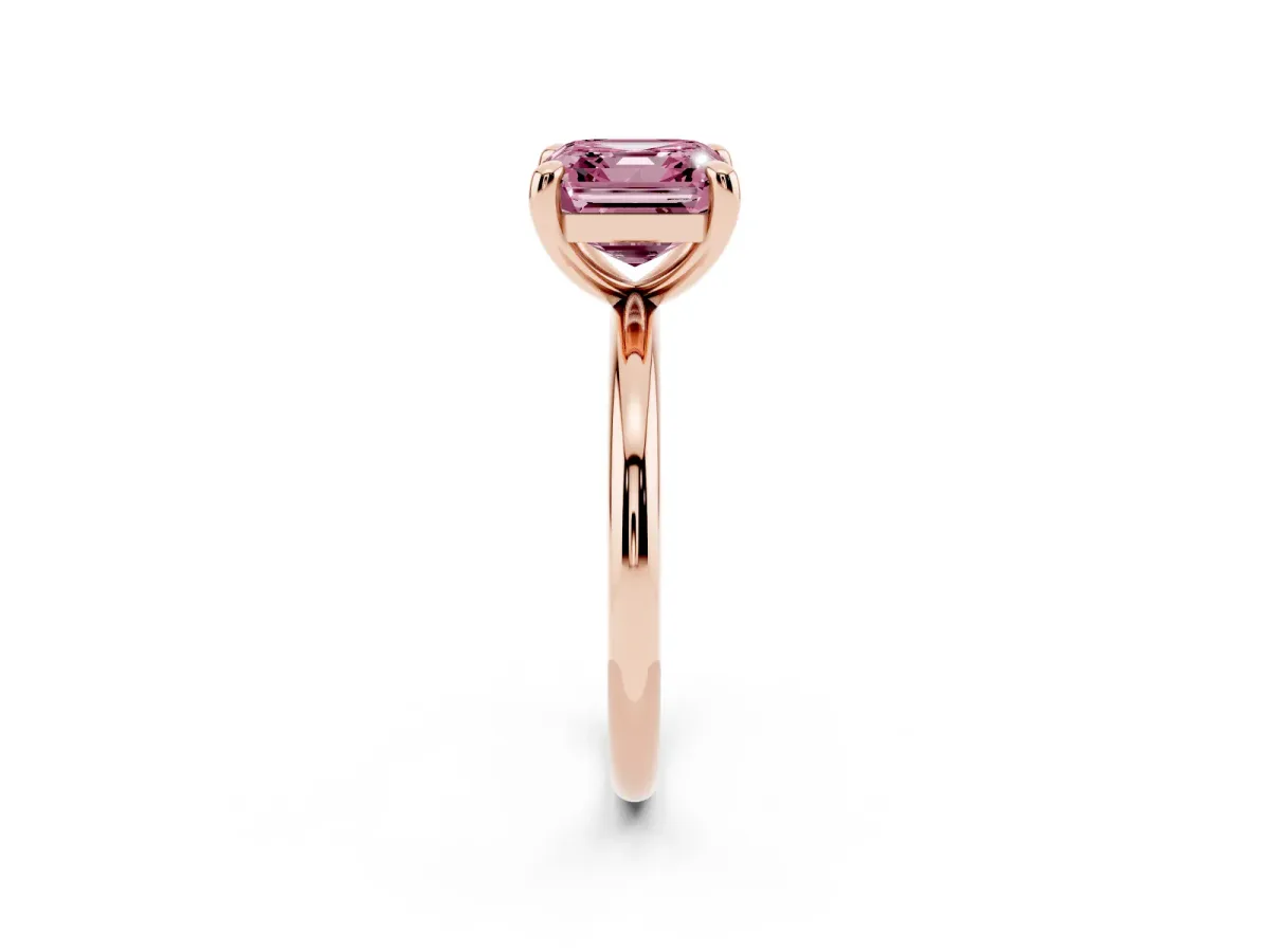 Fancy Pink Asscher Cut Solitaire Diamond Ring with Four-Prong Setting on a Plain Band Rose gold