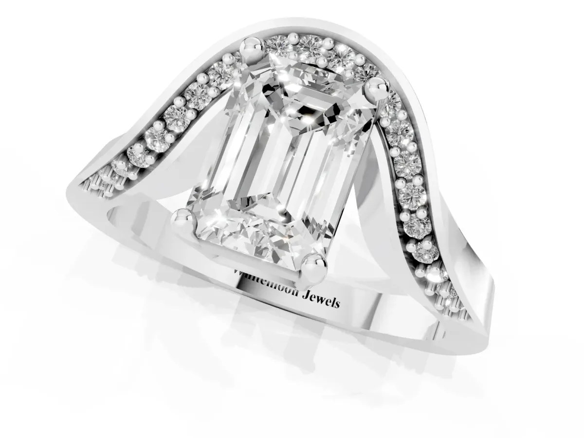Emerald Cut Solitaire Diamond Engagement Ring with Pave Band and Four-Prong Setting Silver