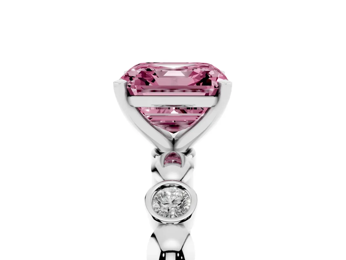 Fancy Pink Asscher Cut Solitaire Bezel-Set Diamond Ring with Beaded Band and Four-Prong Setting Silver