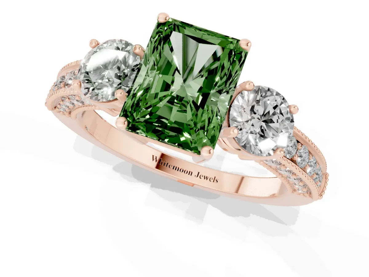 Fancy Green Radiant Cut Three-Stone Diamond Ring with Pavé Band and Four-Prong Setting Rose gold