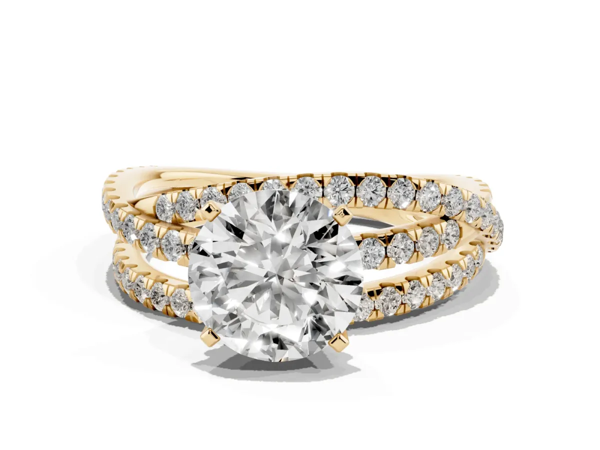 Round Cut Solitaire Twist Band with Pavé Setting and Four-Prong Setting Yellow gold