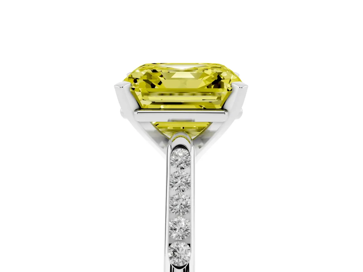 Fancy Yellow Asscher Cut Diamond Solitaire Ring with Channel Set Round Band and Prong Setting White gold