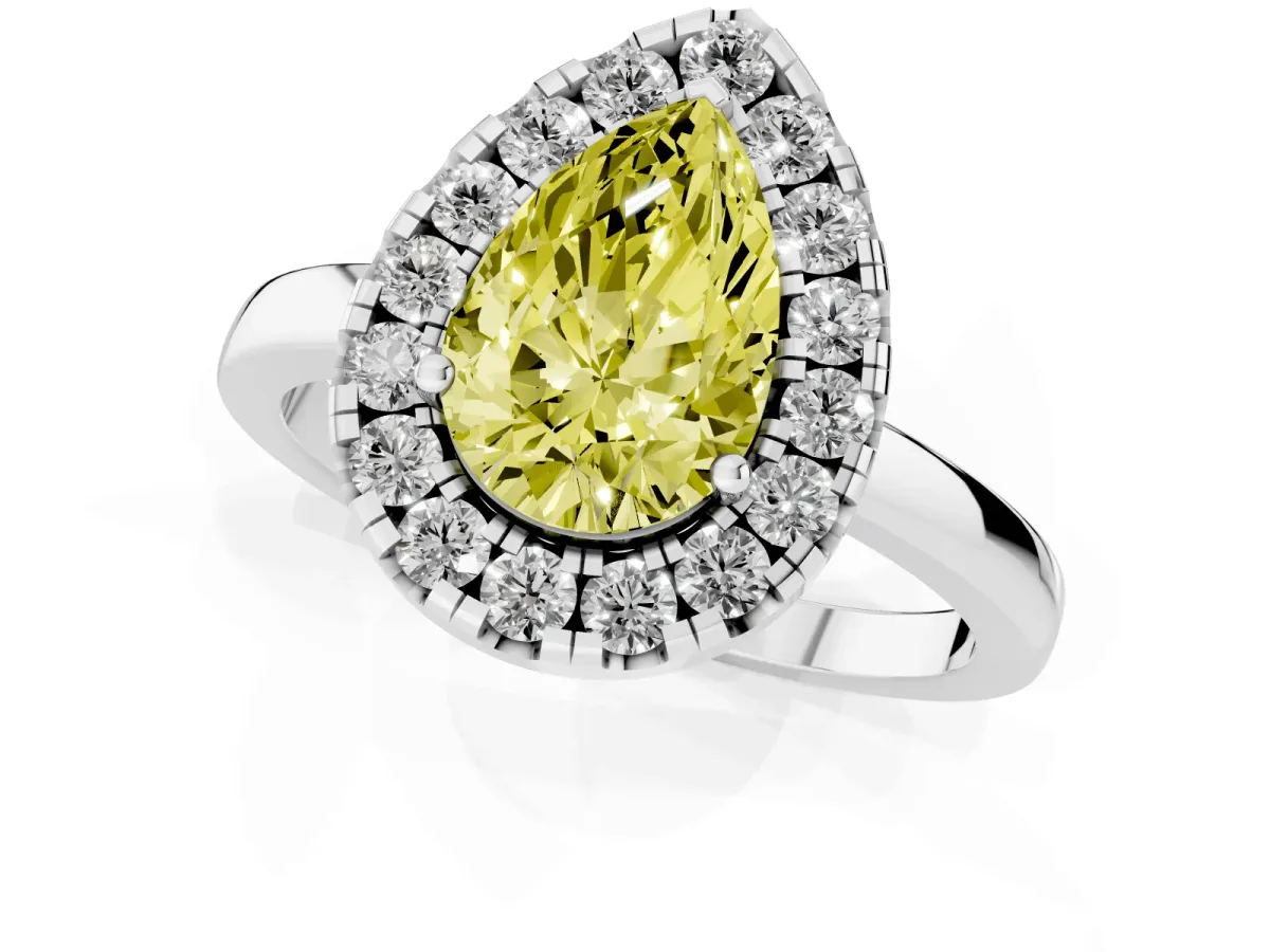 Fancy Yellow Pear Cut Halo Diamond Solitaire with Pavé Band and Four-Prong Setting Silver