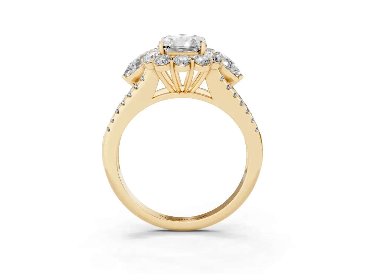 Radiant Cut Halo Split Shank Diamond Engagement Ring with Prong Setting Yellow gold