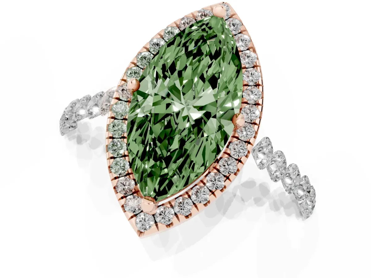 Fancy Green Marquise Cut Halo Pavé Diamond Engagement Ring with Four-Prong Setting Rose gold