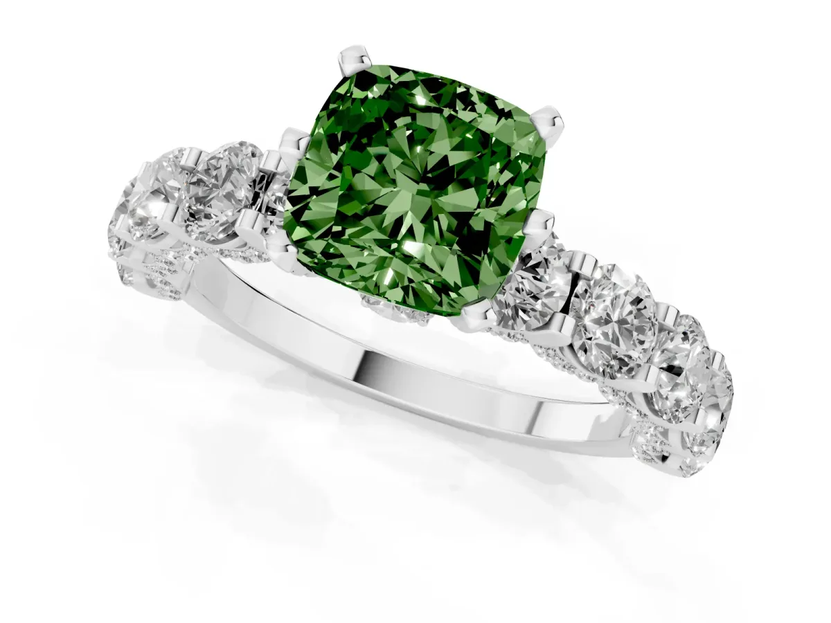 Fancy Green Cushion Cut Diamond Side Stone Engagement Ring with Four-Prong Setting Platinum