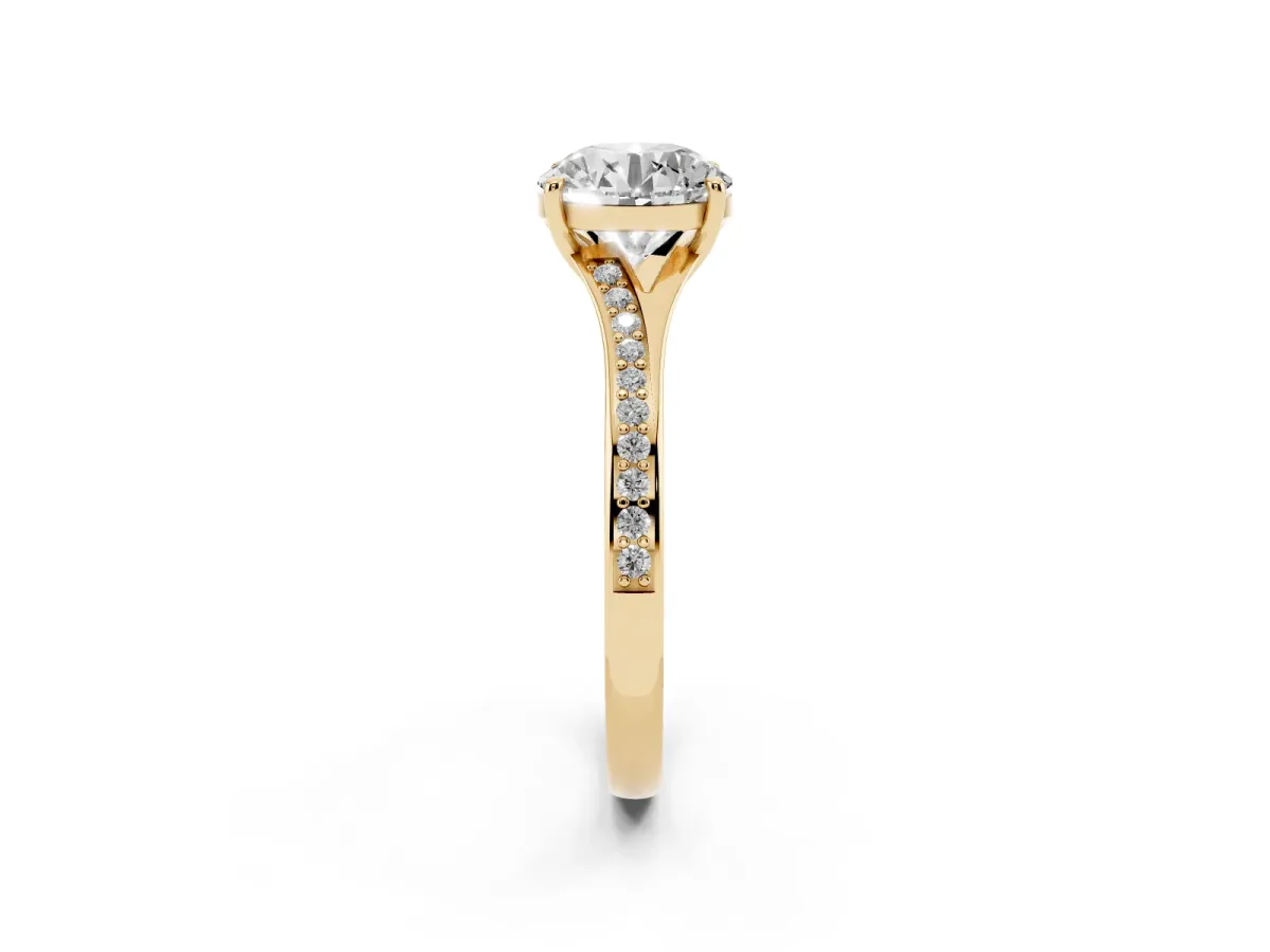 Round Cut Diamond Solitaire Ring with Pavé Band and Prong Setting Yellow gold