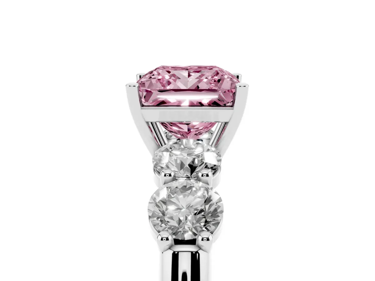 Fancy Pink Princess Cut Cut Five-Stone Prong Set Diamond Ring with Classic Band Silver