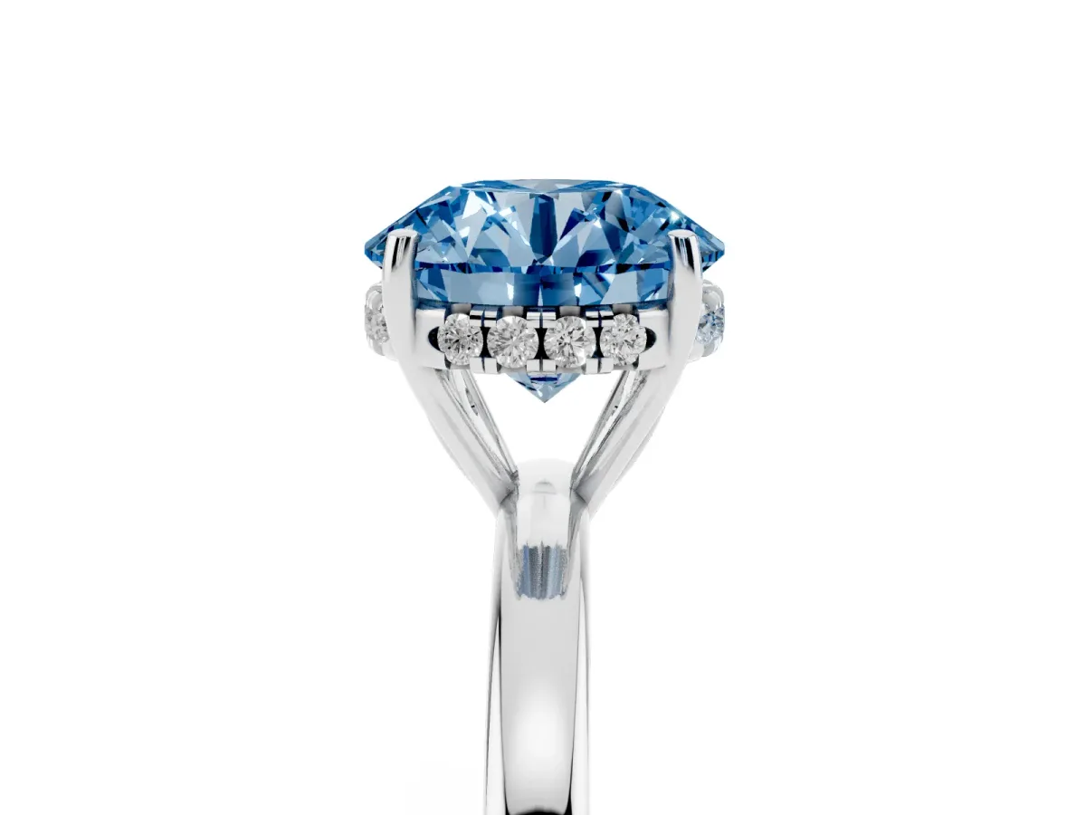 Fancy Blue Round Cut Solitaire Diamond Ring with Prong Setting and Plain Band Platinum