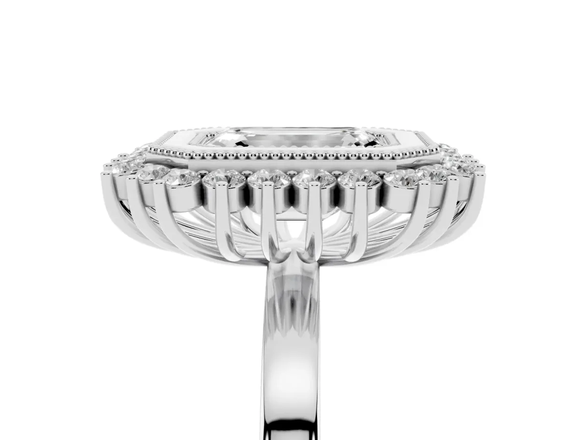 Emerald Cut Halo Diamond Ring with Milgrain Edge and Round Prong Setting Silver