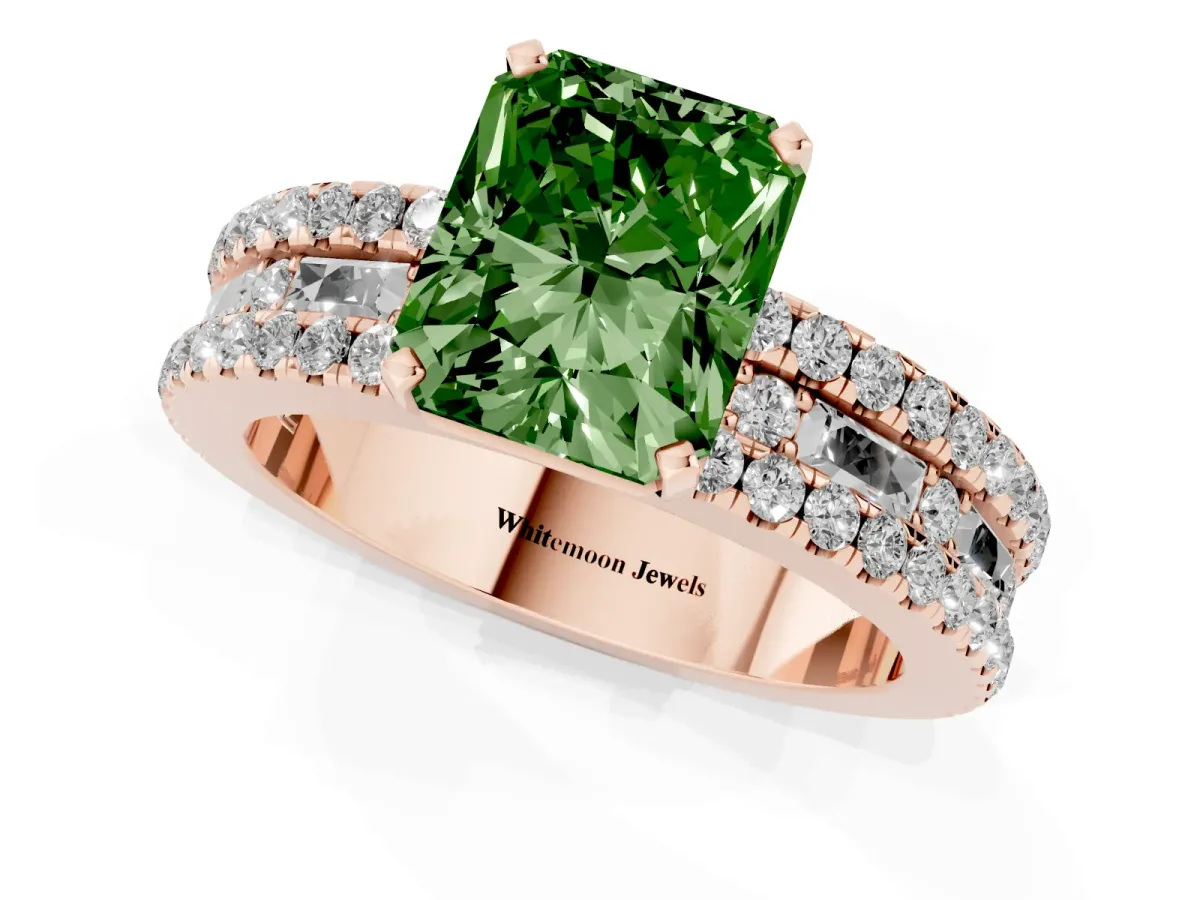 Fancy Green Radiant Cut Diamond Solitaire Ring with Pavé and Channel Set Band Rose gold