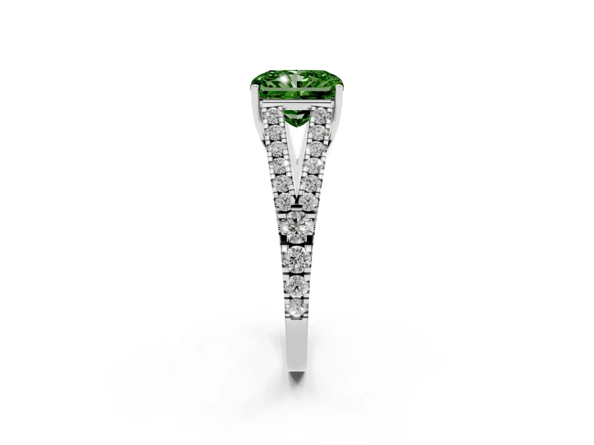 Fancy Green Radiant Cut Diamond Split Shank Engagement Ring with Round Pavé and Prong Setting Silver