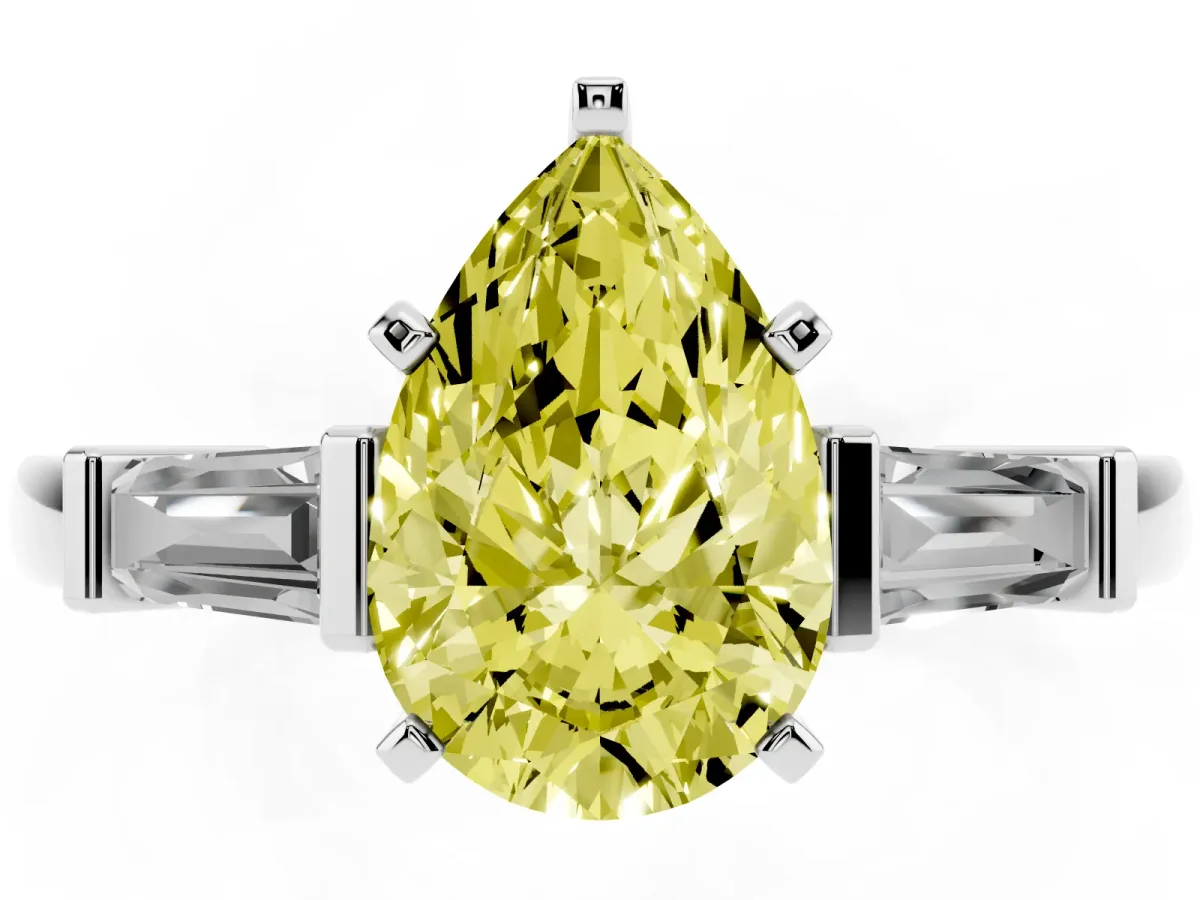Fancy Yellow Pear Cut Cut Diamond Solitaire Ring with Tapered Baguette Accents and Four-Prong Setting Silver